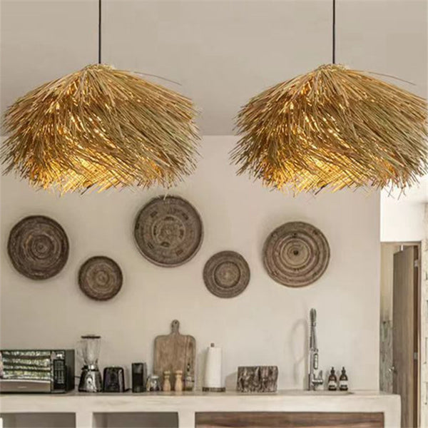 Japanese Wabi Sabi Style Rattan Woven Straw Hat Pendant Light / Diameter 60cm