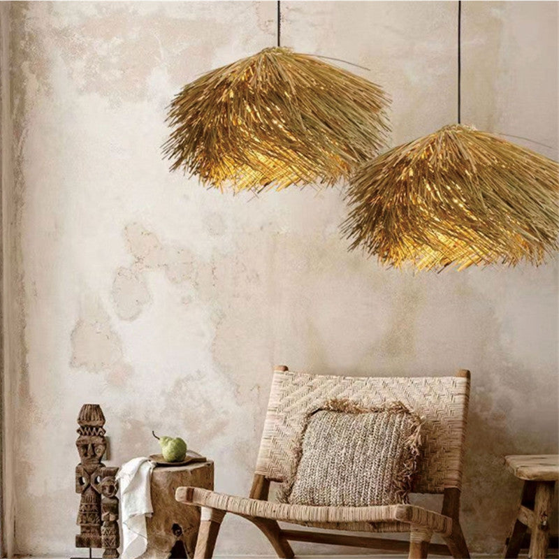 Japanese Wabi Sabi Style Rattan Woven Straw Hat Pendant Light / Diameter 40cm